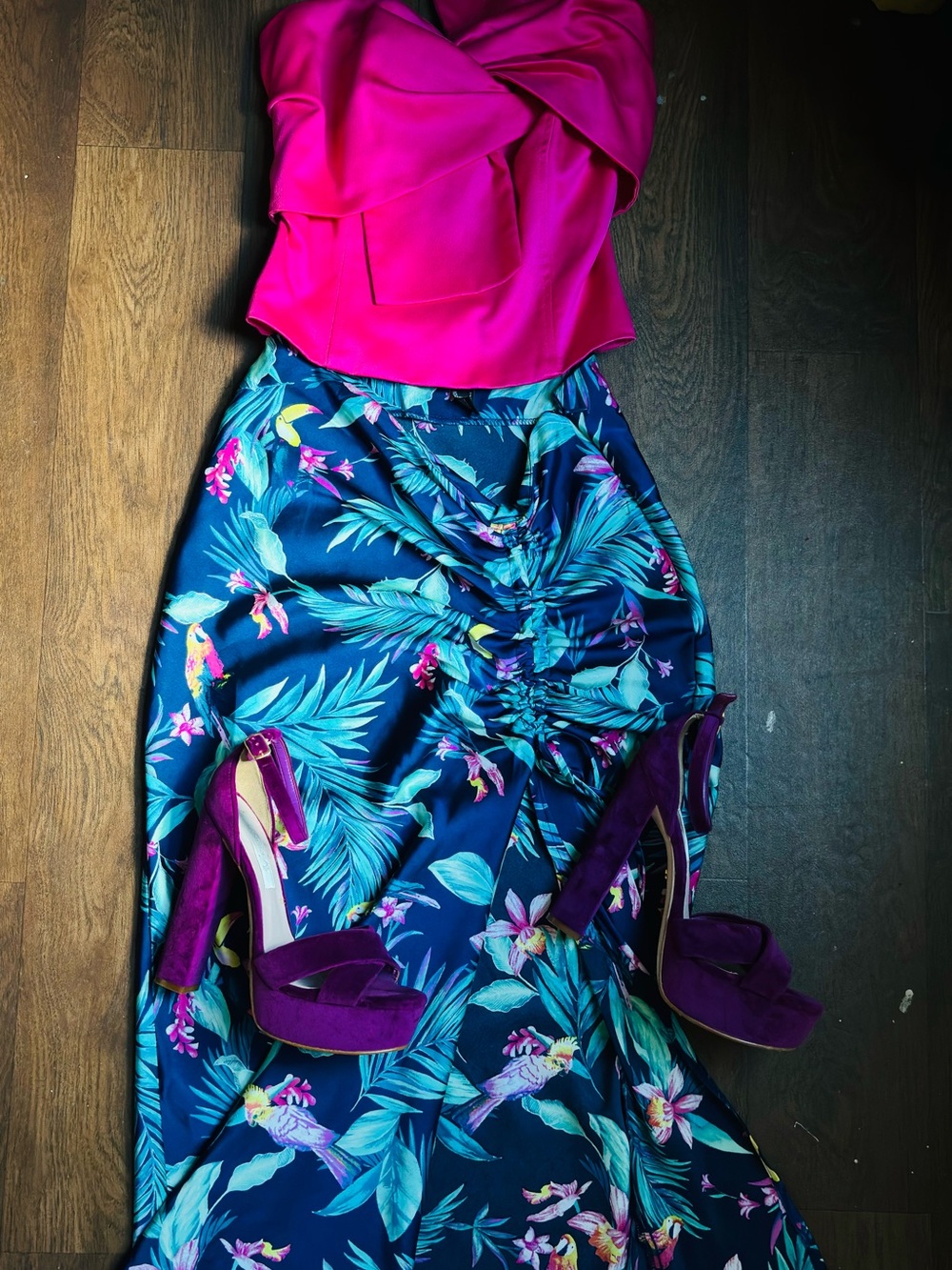 Forever 21 Navy Tropical Floral Ruched Maxi Skirt with Teal & Pink Accents